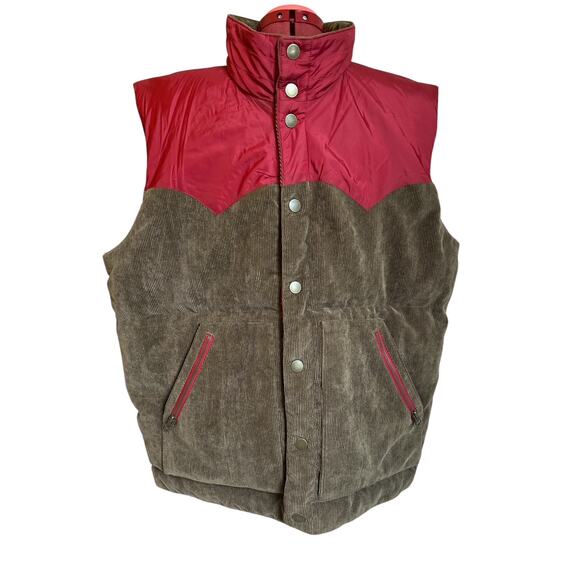 Eddie Bauer Mens XL‎ Goose Down Reversible Corduroy Nylon Quilted Vest Red Brown - Picture 1 of 8